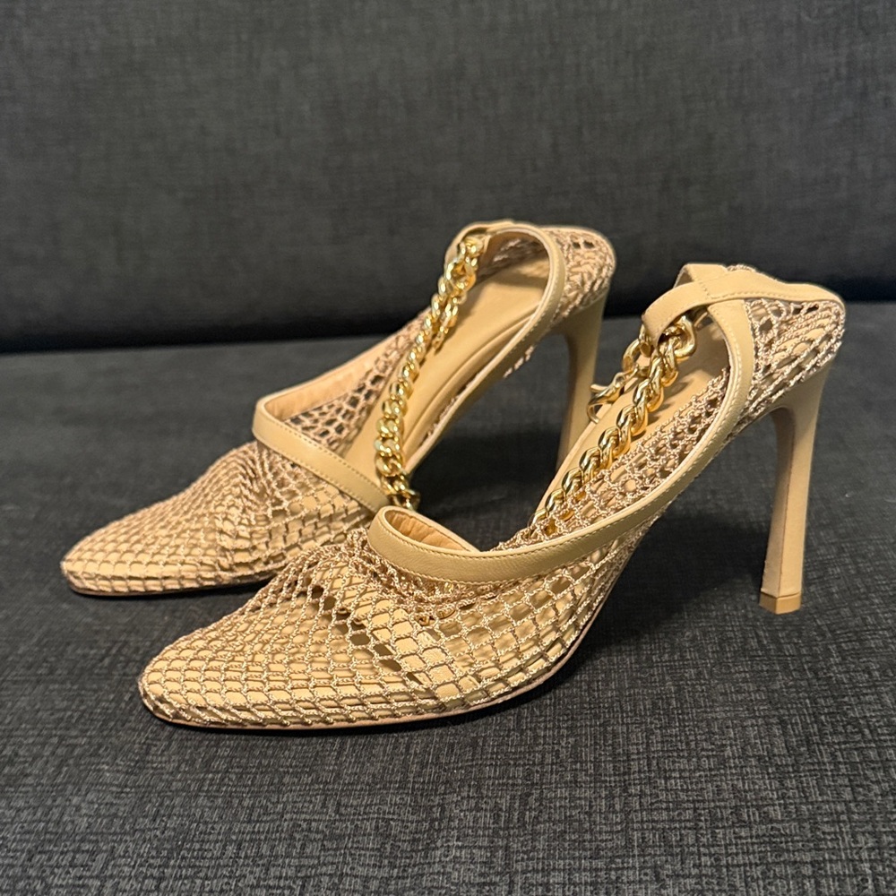 Bottega Veneta Mesh Calfskin Chain Stretch Pump 36 Beige